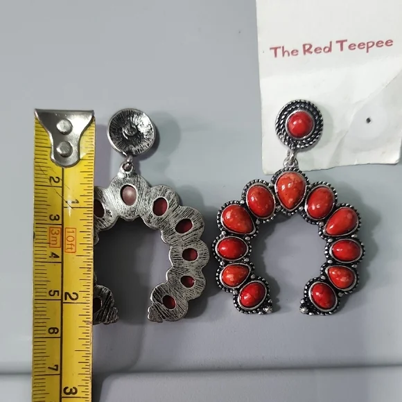 Red and Silver Tone Earrings Southwestern Bold Fashion Jewelry - Picture 3 of 4
